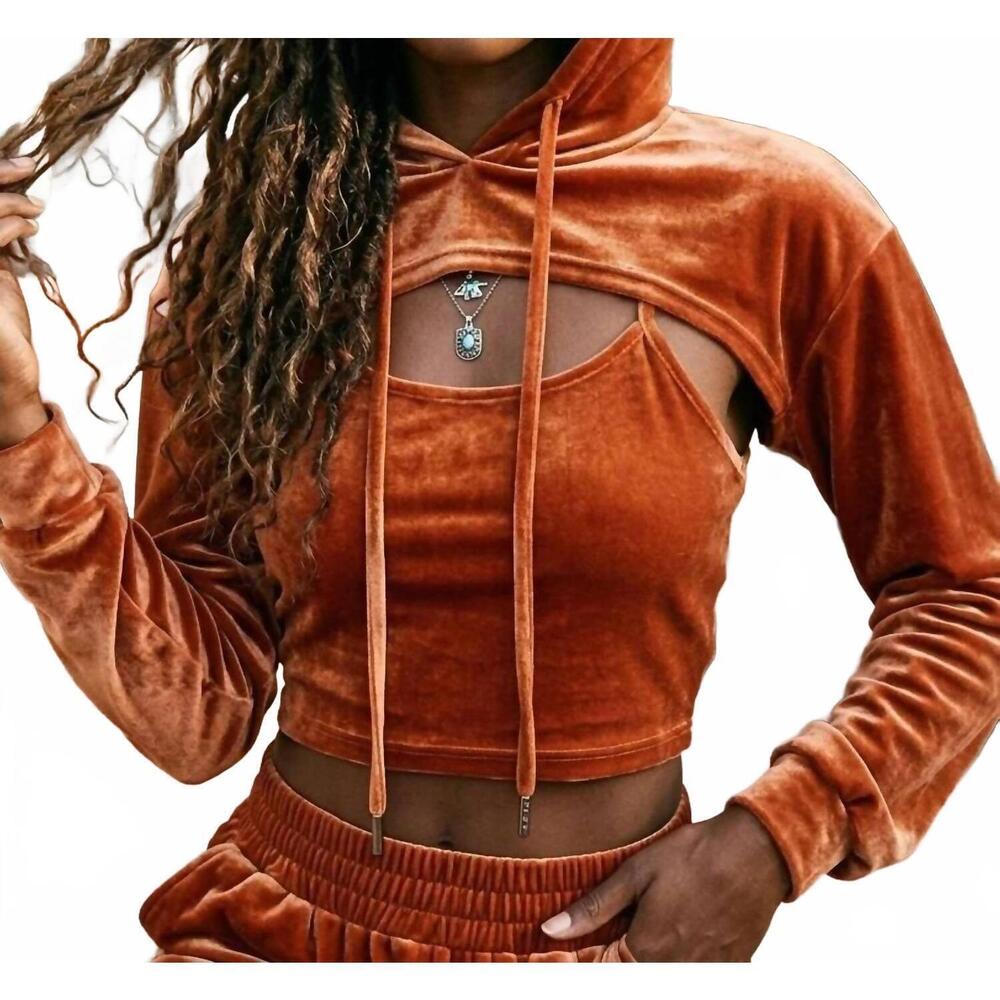 NEW SURELYMINE malibu vintage relaxed velvet cropped hoodie set in rust